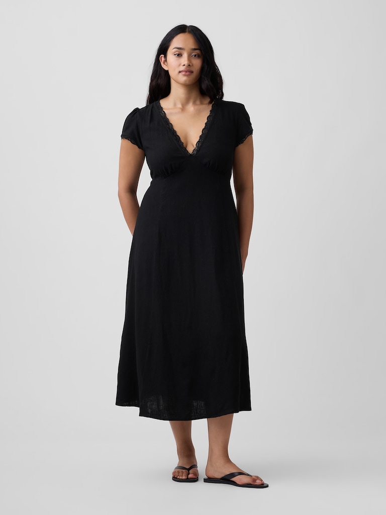 Linen-Blend Lace-Trim Midi Dress
