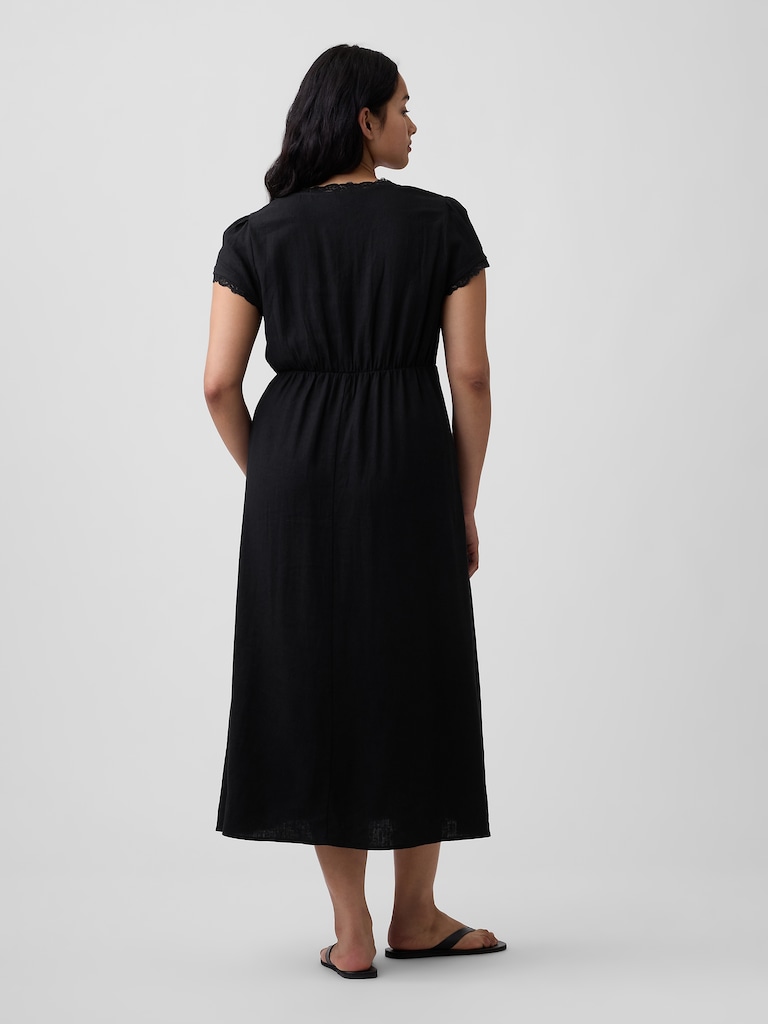 Linen-Blend Lace-Trim Midi Dress