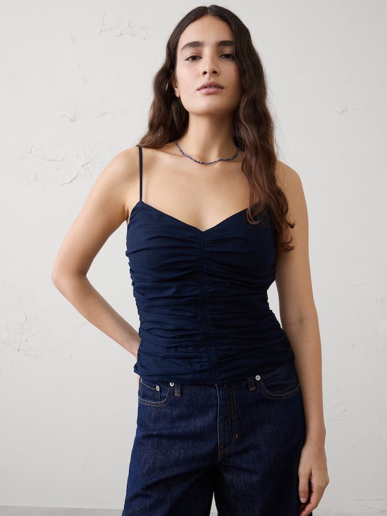 Linen-Blend Strappy Ruched Top