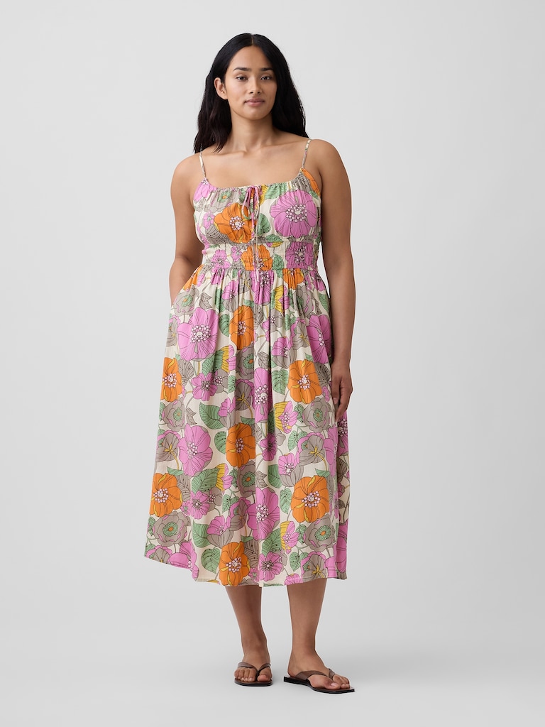 Smocked Tie-Front Midi Dress