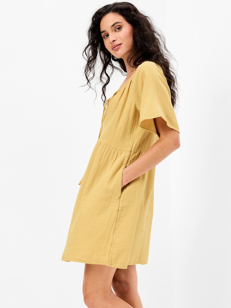 Crinkle Gauze Flutter-Sleeve Mini Swing Dress