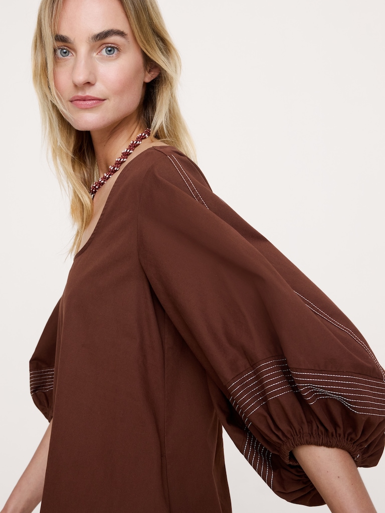 Cotton-Twill Lantern-Sleeve Mini Dress