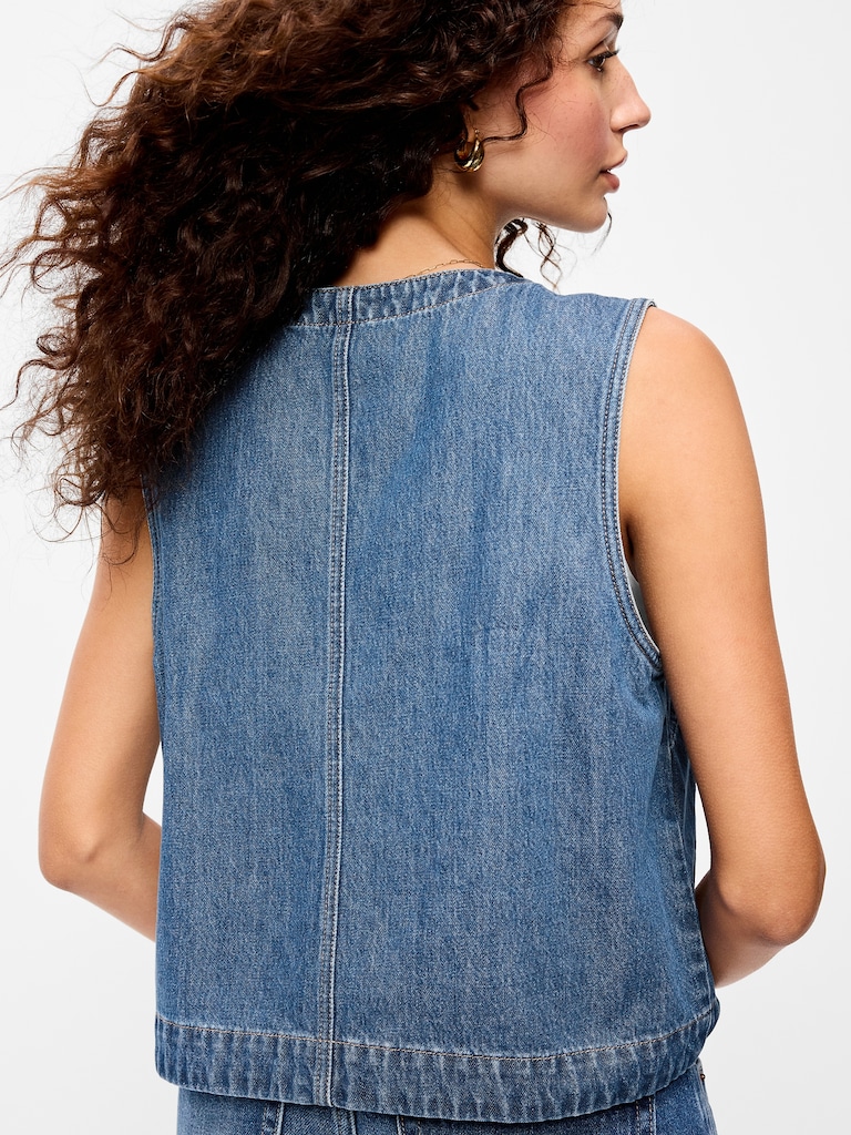 Zip-Front Denim Utility Vest