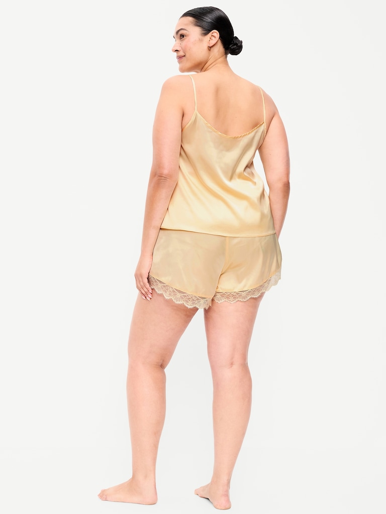 Satin Lace-Trim Pajama Tank and Shorts Set