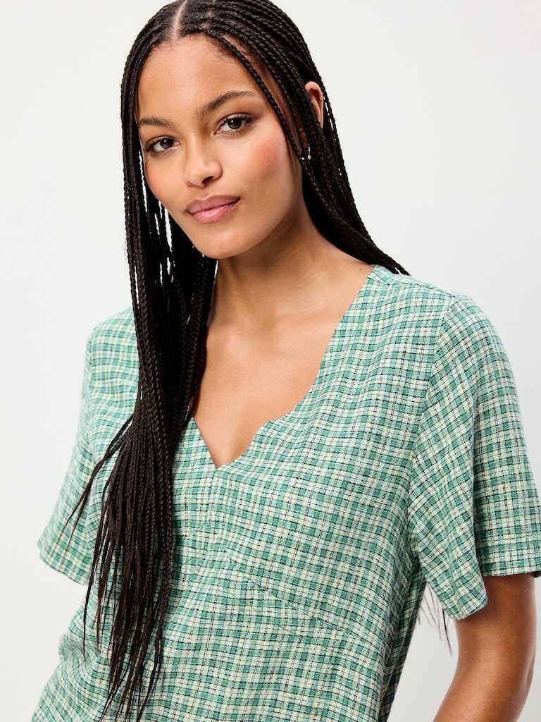 Short-Sleeve Linen-Blend Mini Shift Dress