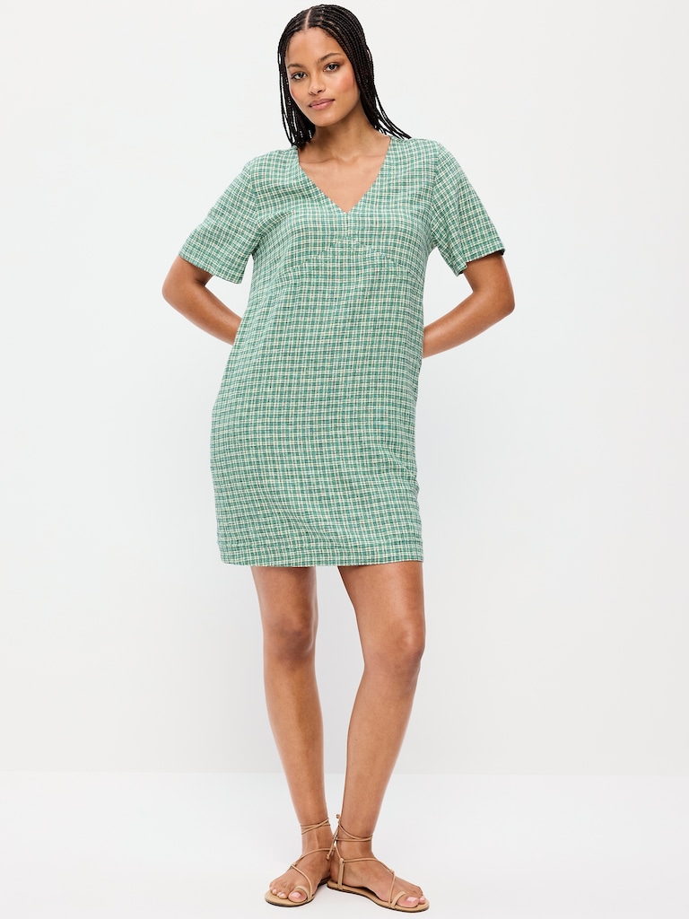 Short-Sleeve Linen-Blend Mini Shift Dress