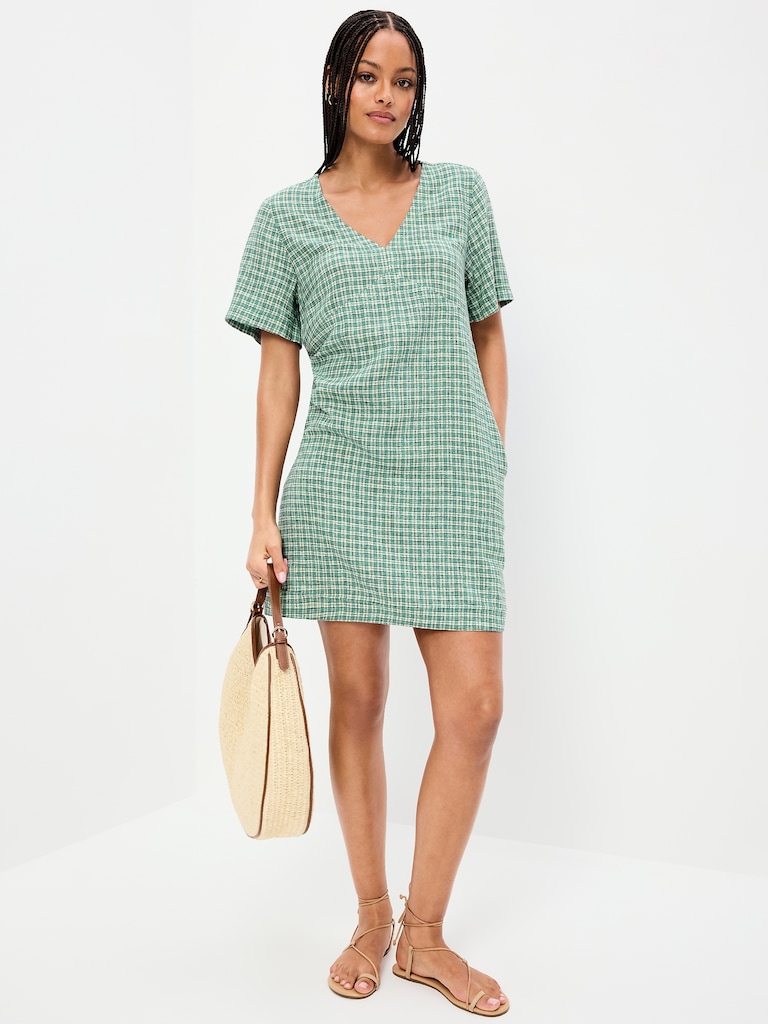 Short-Sleeve Linen-Blend Mini Shift Dress