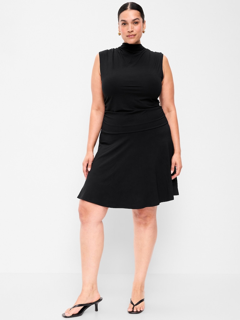 Gathered Mock-Neck Drop-Waist Mini Dress