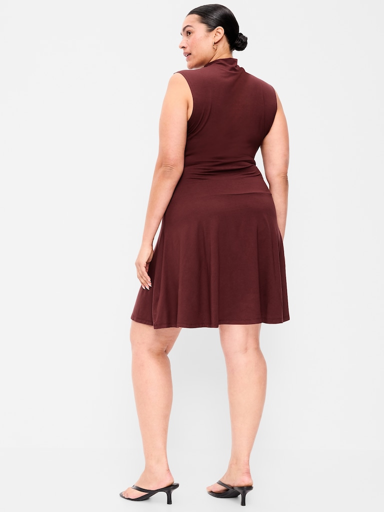 Gathered Mock-Neck Drop-Waist Mini Dress