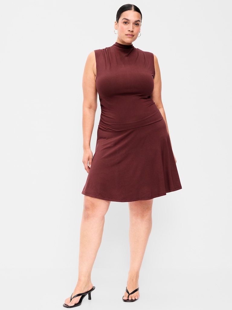 Gathered Mock-Neck Drop-Waist Mini Dress