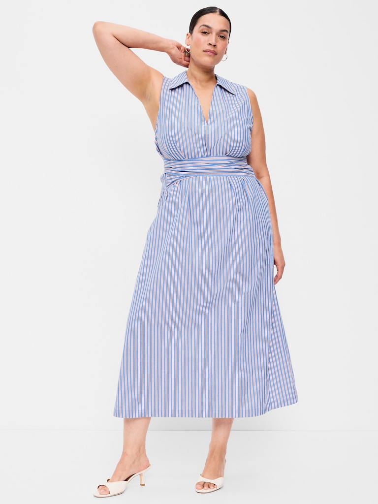 Sleeveless Wrap-Waist Midi Shirt Dress