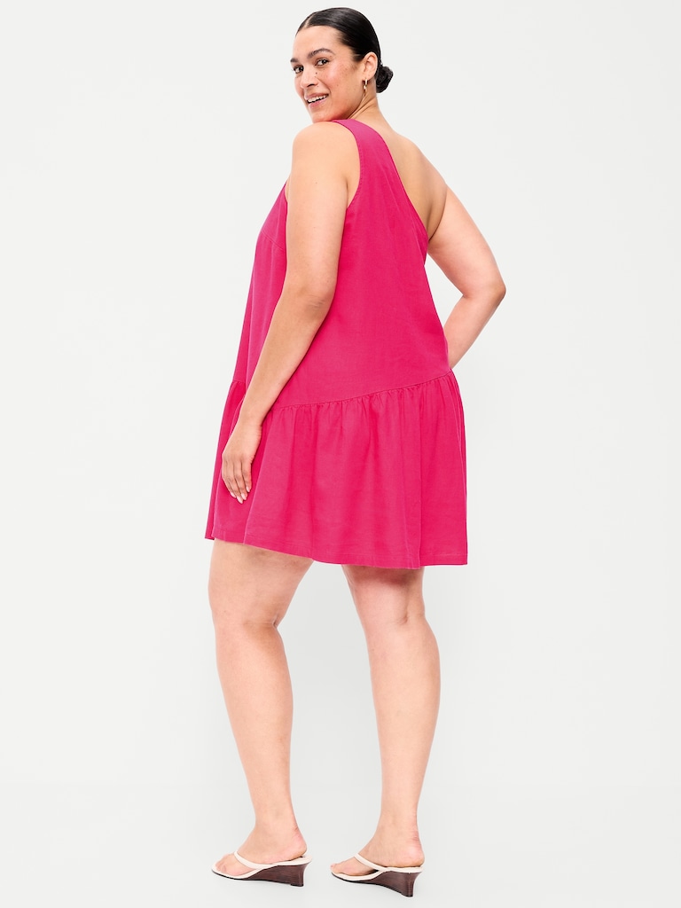 One-Shoulder Asymmetrical Linen-Blend Mini Dress