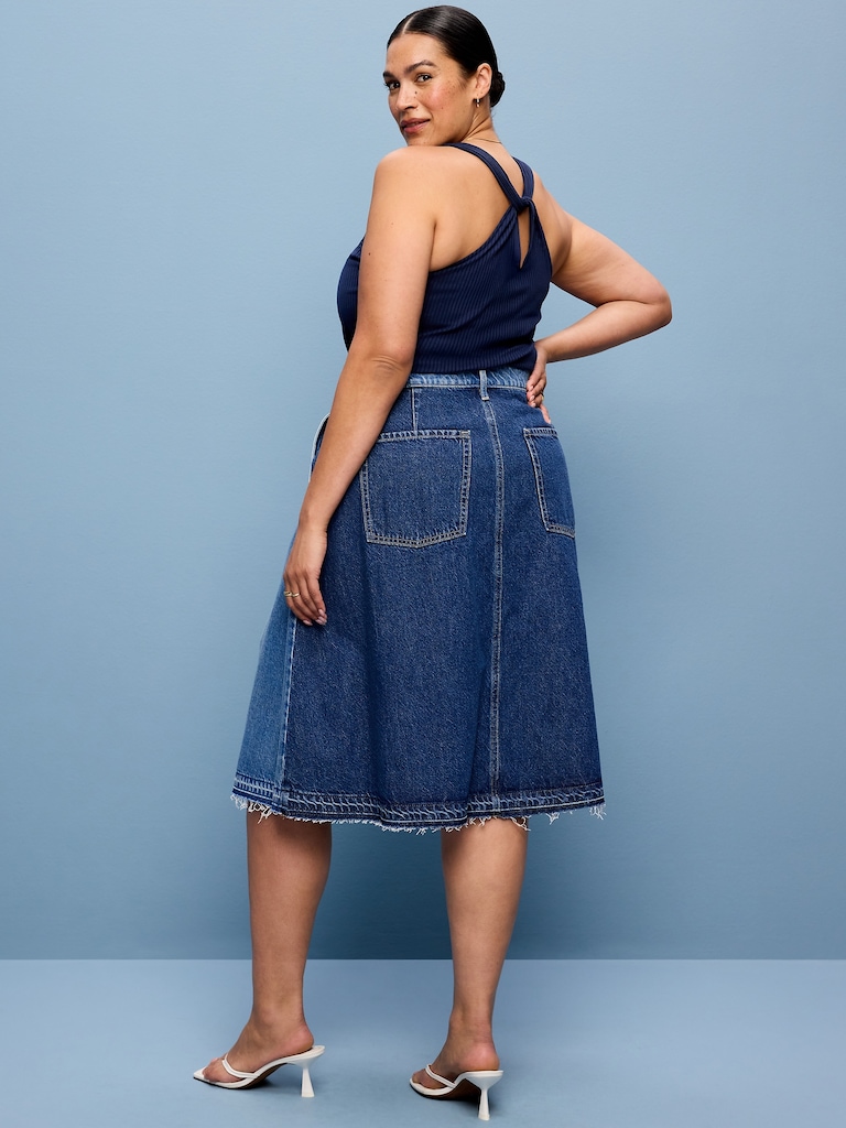 Reconstructed Pleated Denim Midi Skirt