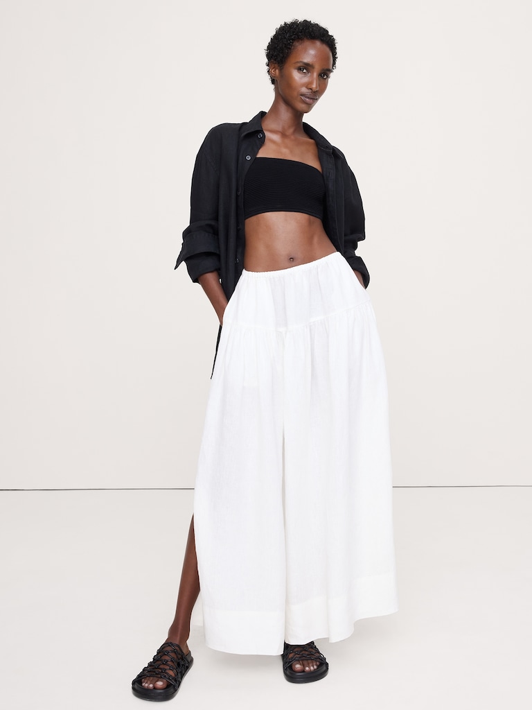 Jupe longue étagée en lin nouée sur le côté