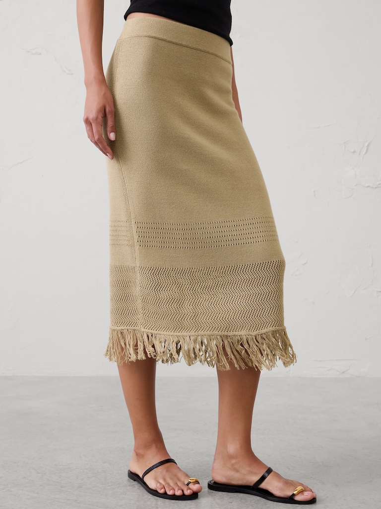 Frayed-Hem Midi Skirt