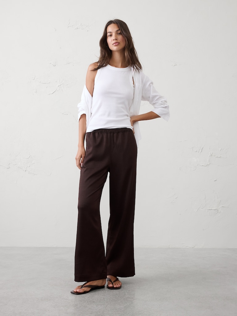 Wide-Leg High-Rise Crinkle Satin Pull-On Pant