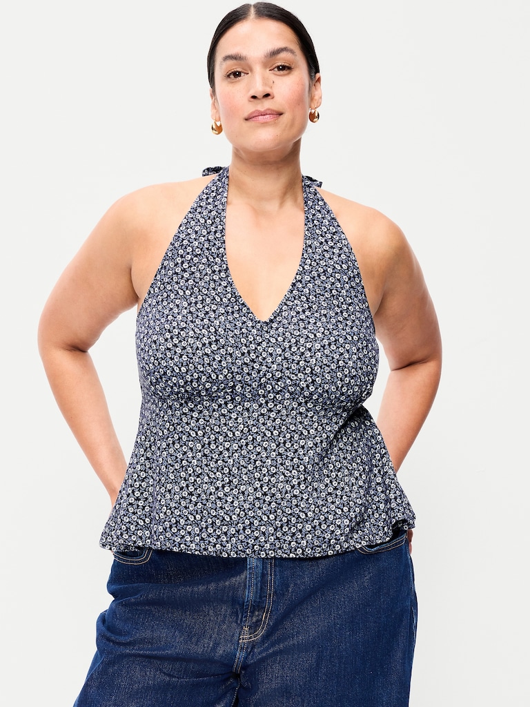 Linen-Blend V-Neck Halter Top