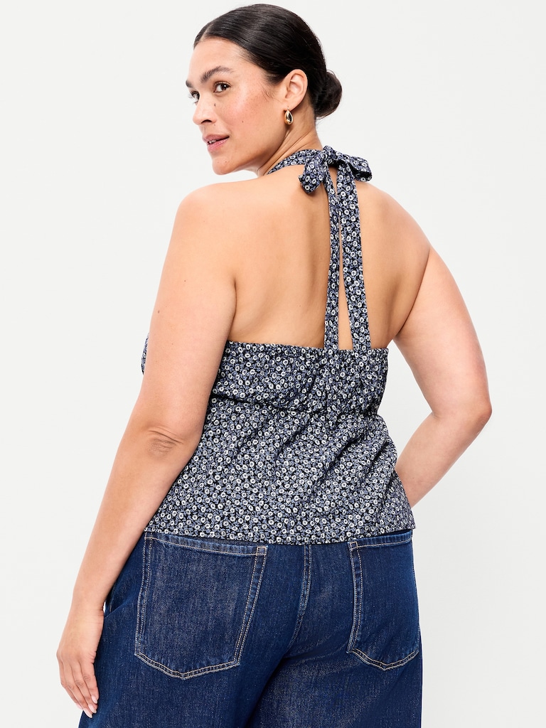 Linen-Blend V-Neck Halter Top