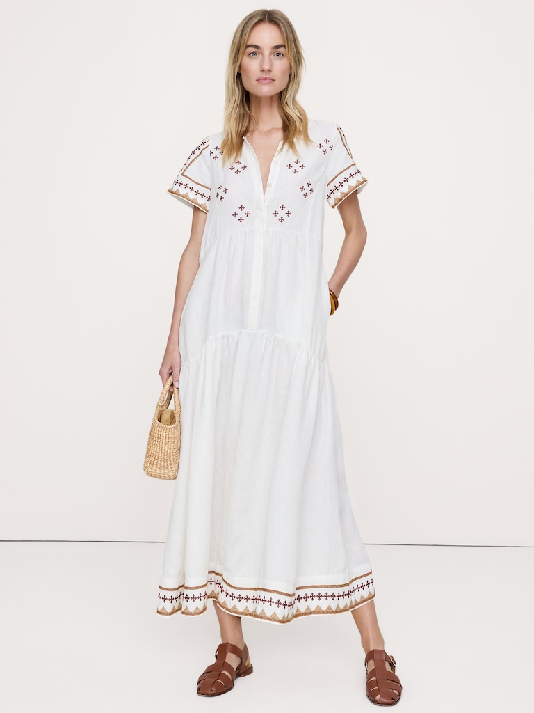 Embroidered Linen Tiered Maxi Dress