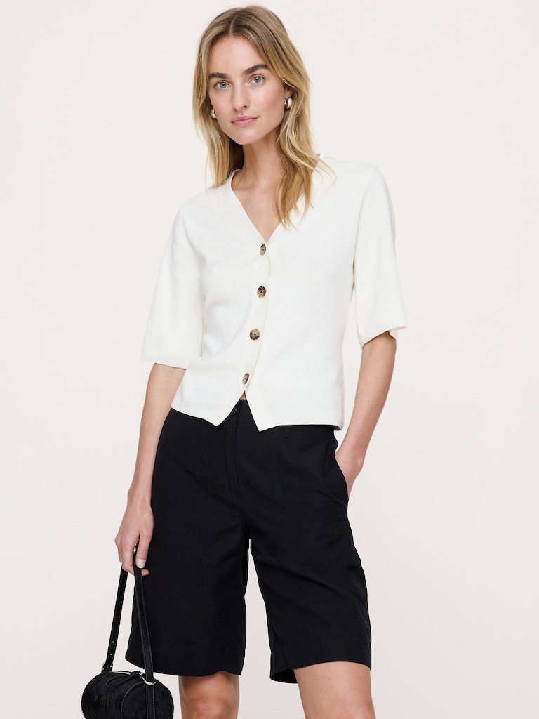 Larkspur Cotton-Silk Short-Sleeve Cardigan