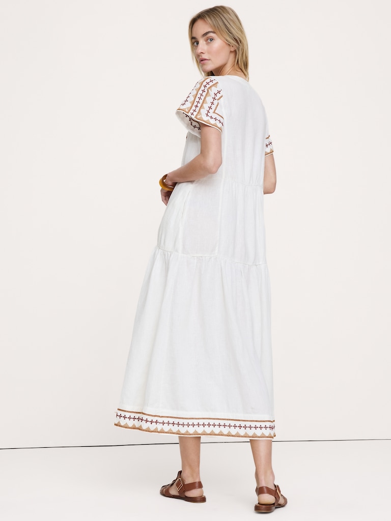 Embroidered Linen Tiered Maxi Dress