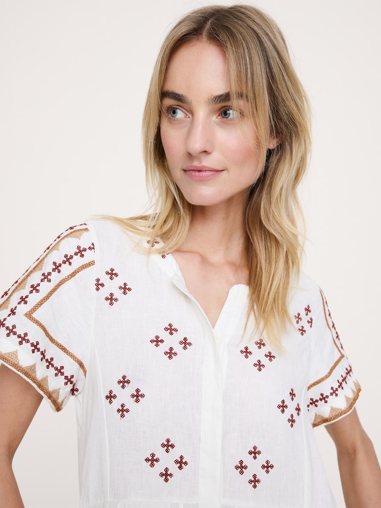 Embroidered Linen Tiered Maxi Dress