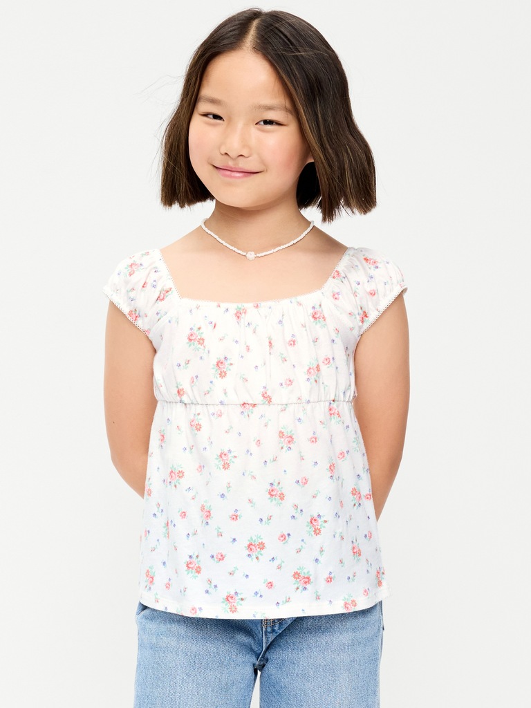 Printed Short-Sleeve Scallop-Trim Top for Girls
