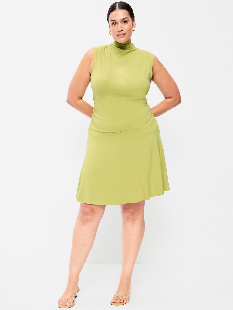 Gathered Mock-Neck Drop-Waist Mini Dress