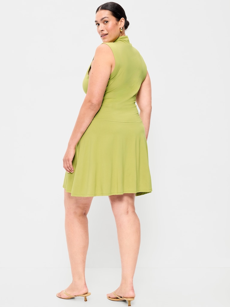Gathered Mock-Neck Drop-Waist Mini Dress