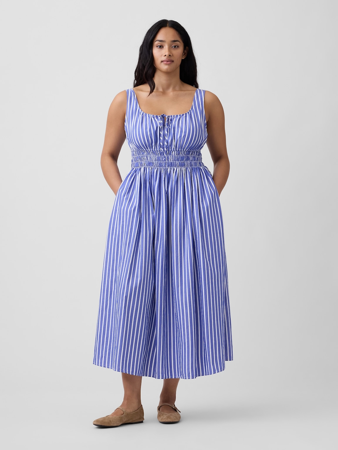 Smocked Tie-Front Midi Dress