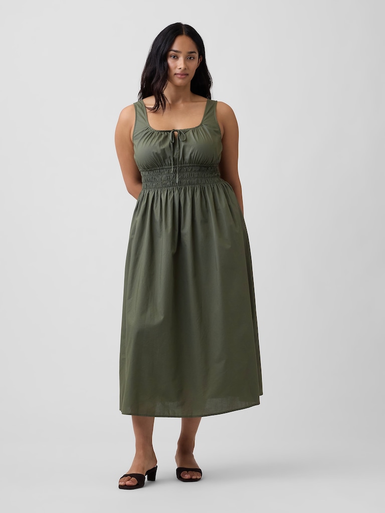 Smocked Tie-Front Midi Dress