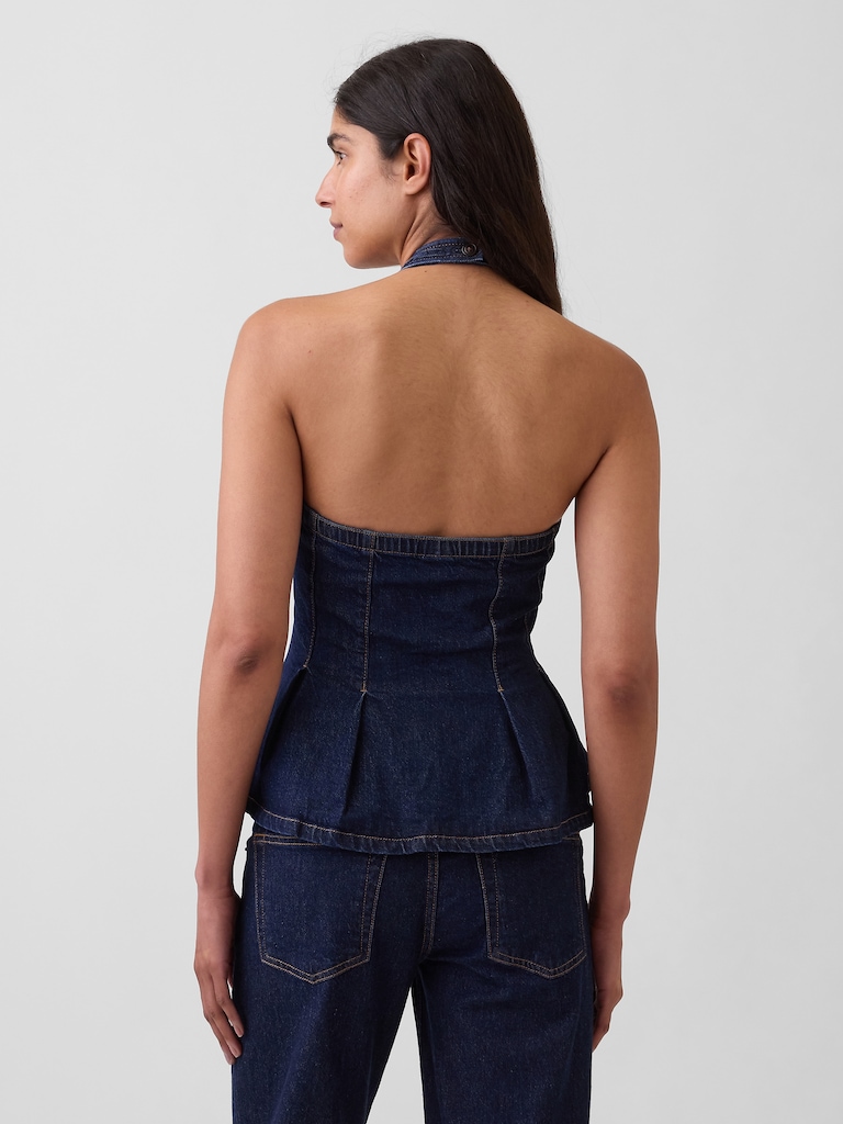 Haut à basque ajusté en denim à encolure bain de soleil