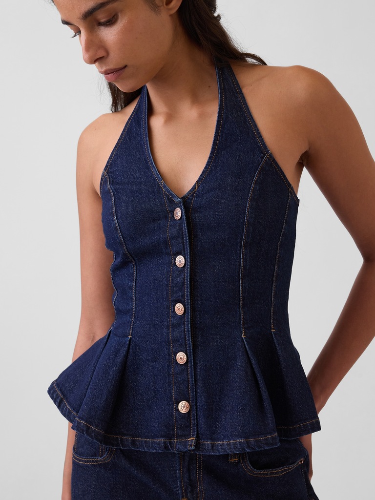 Haut à basque ajusté en denim à encolure bain de soleil