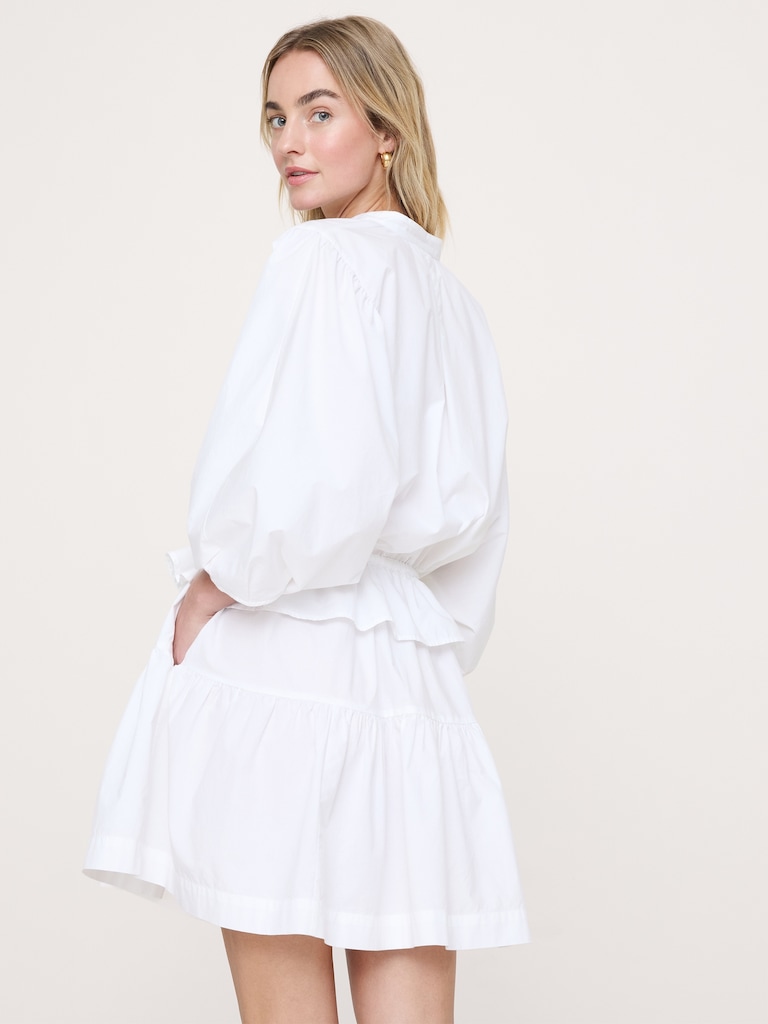 Cotton Poplin Drawstring-Waist Mini Dress