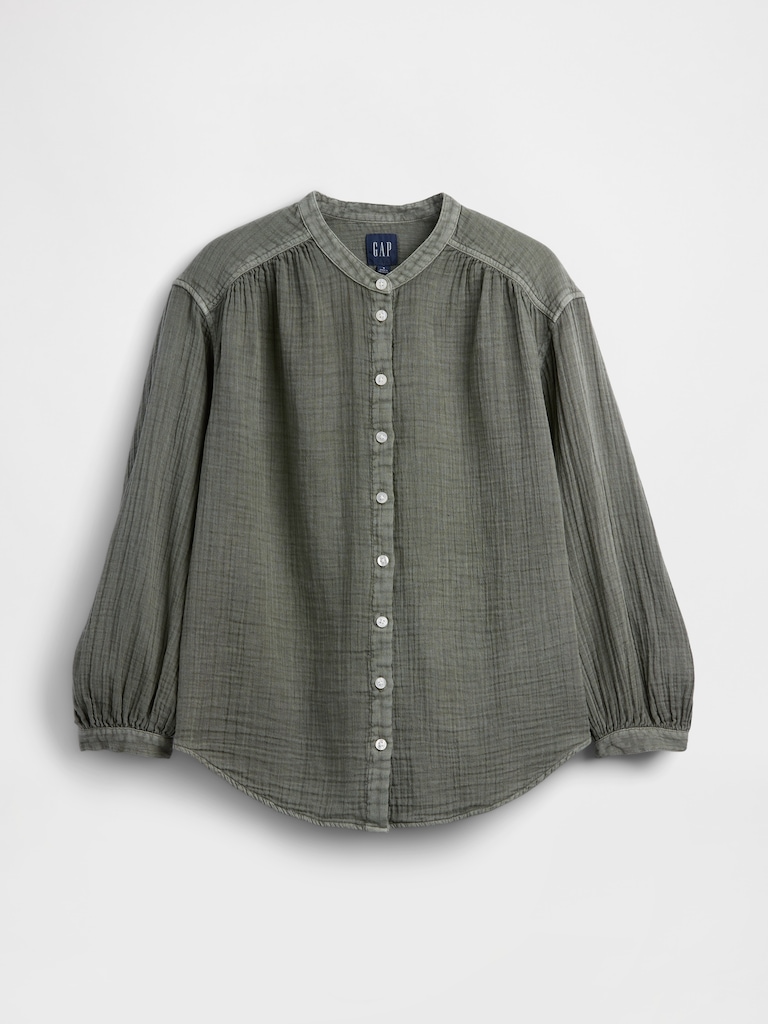Cotton Gauze Oversized Collarless Shirt