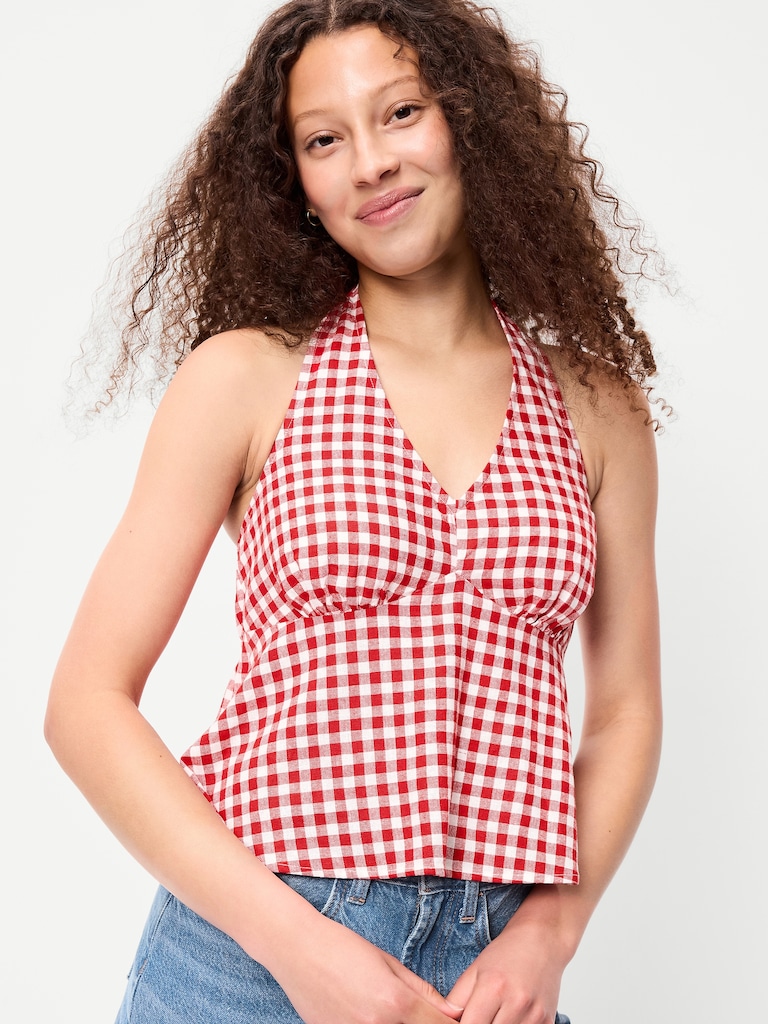 Linen-Blend V-Neck Halter Top