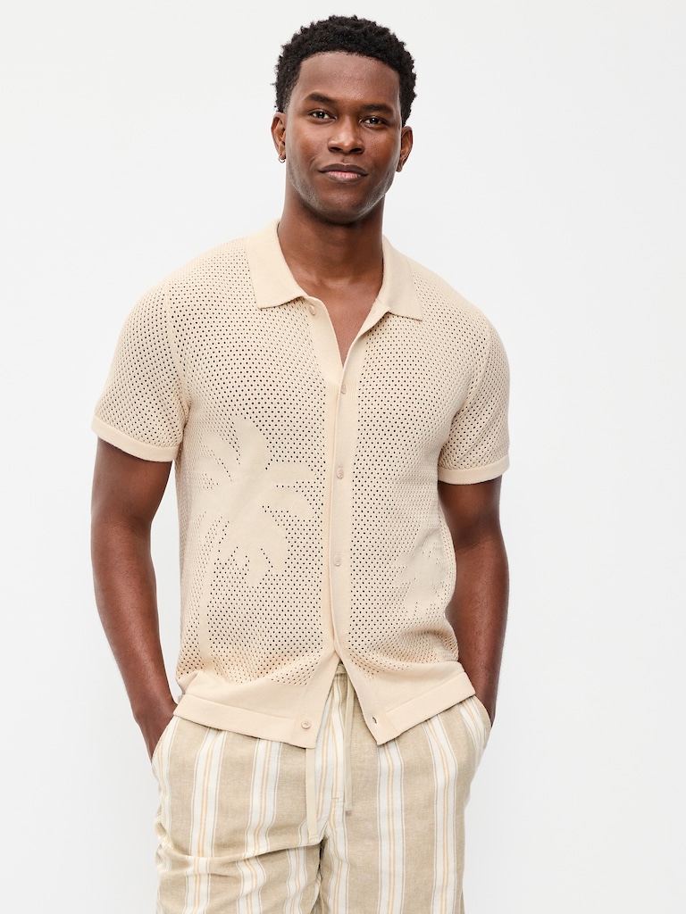Short-Sleeve Open-Knit Sweater Shirt