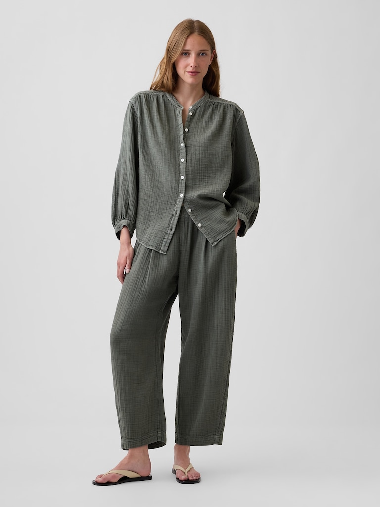 Cotton Gauze Oversized Collarless Shirt