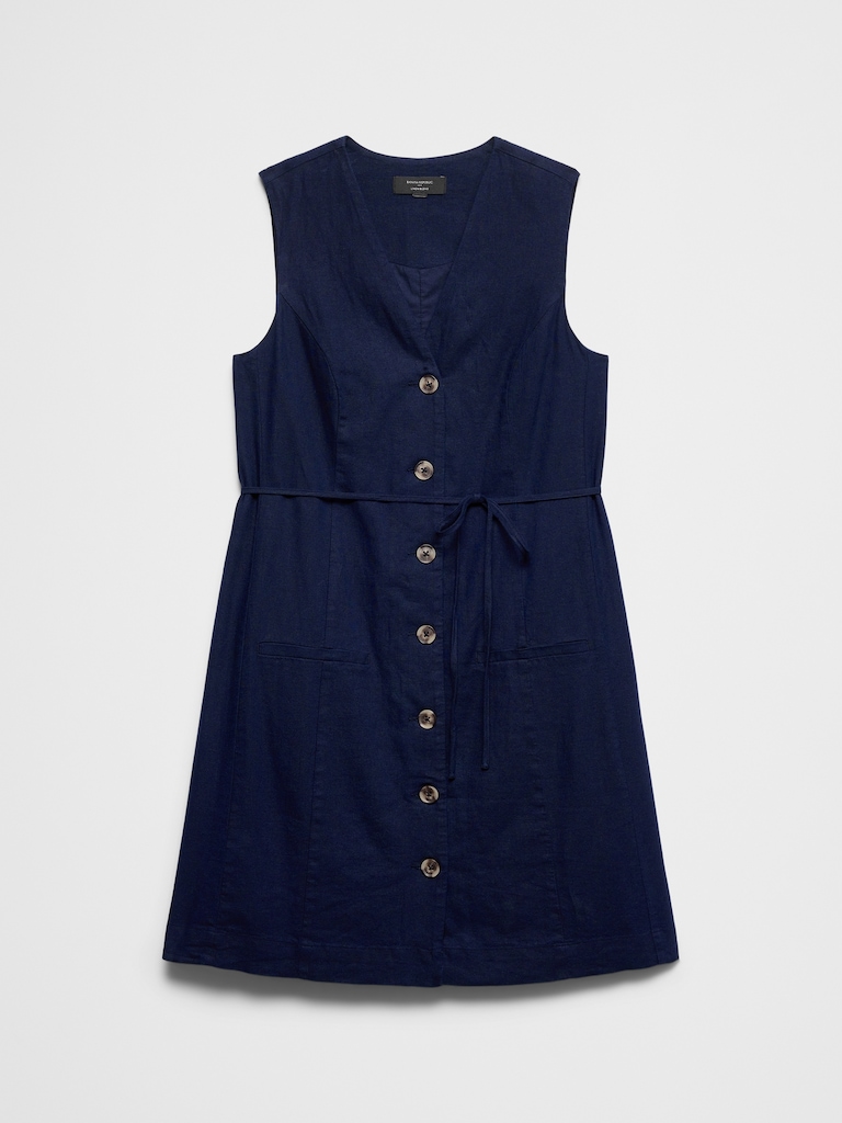 Linen-Blend Button-Front Above-Knee Dress