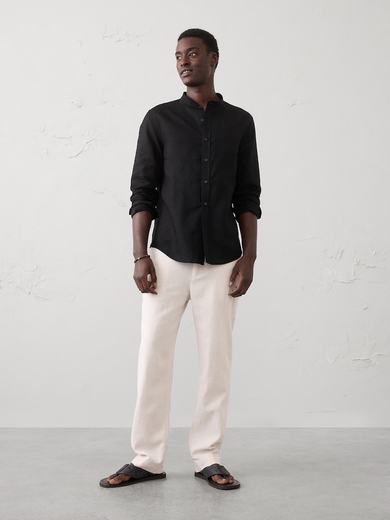 Slim-Fit Linen-Blend Banded-Collar Shirt