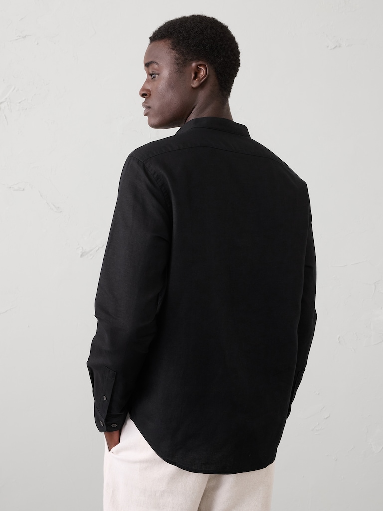 Slim-Fit Linen-Blend Banded-Collar Shirt