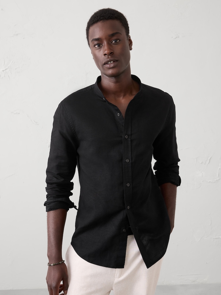 Slim-Fit Linen-Blend Banded-Collar Shirt