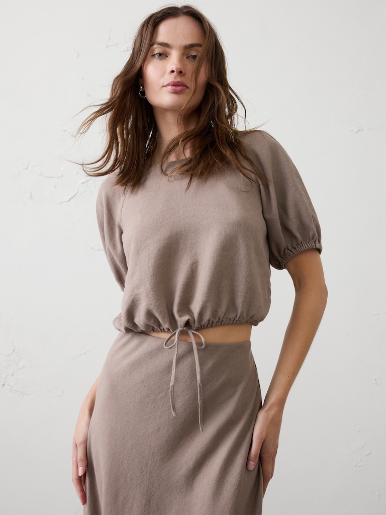Linen-Blend Bubble-Tie Top
