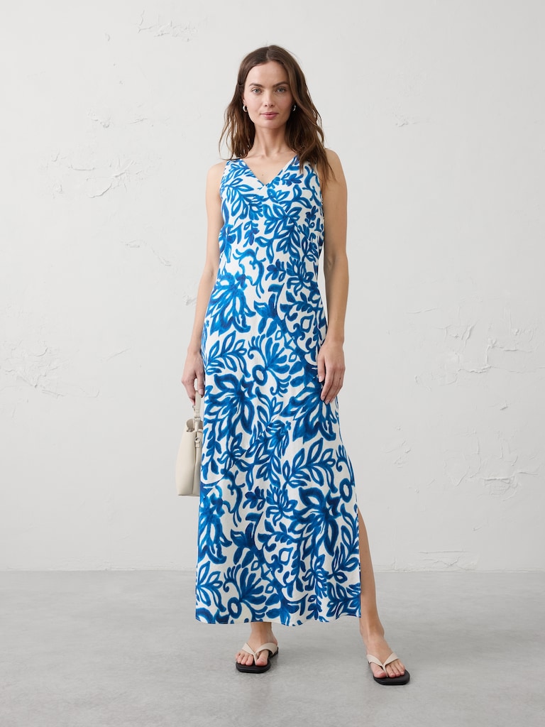 Linen-Blend Side-Slit Maxi Dress