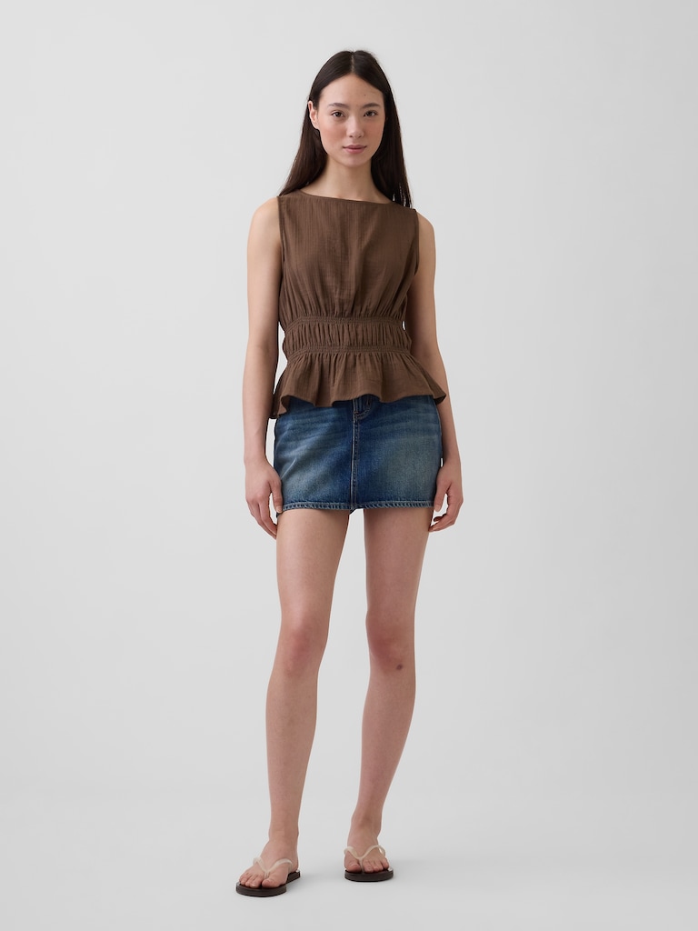 Cotton Gauze Smocked-Waist Peplum Top