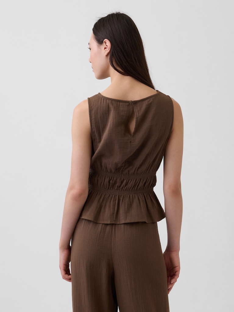 Cotton Gauze Smocked-Waist Peplum Top
