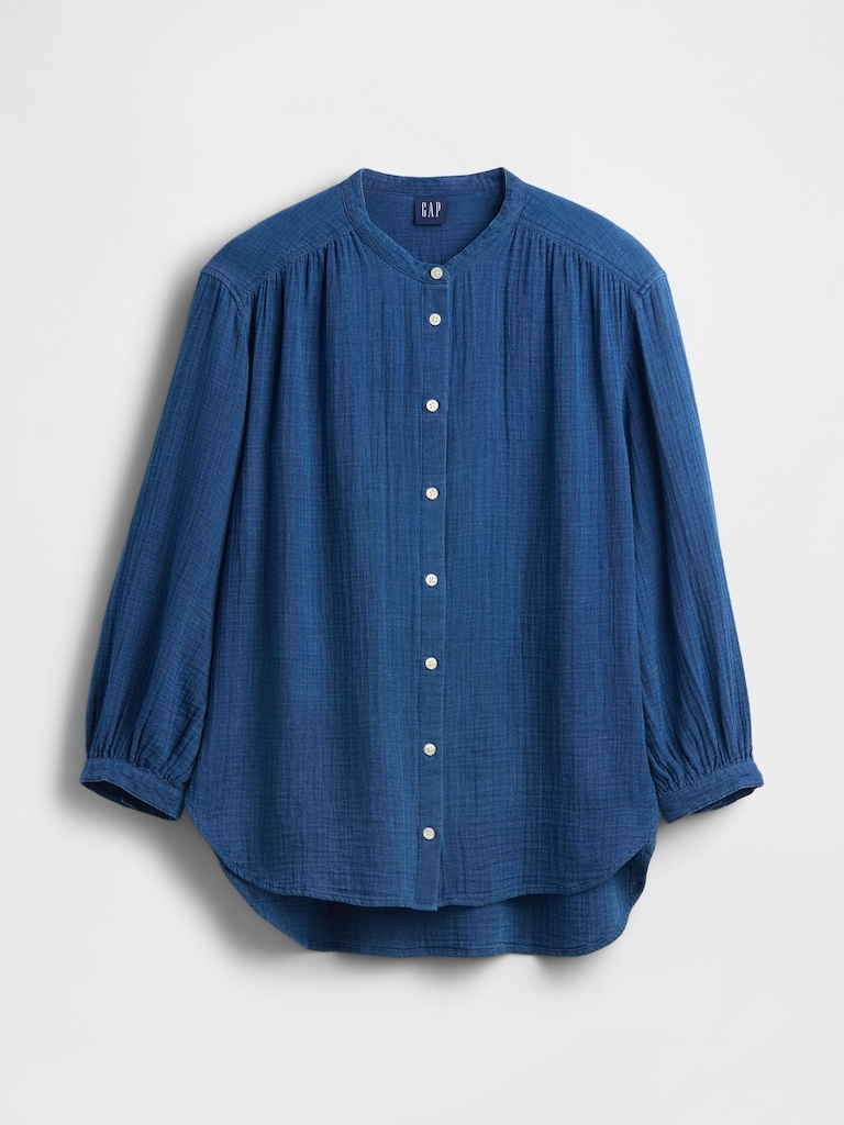 Cotton Gauze Denim Oversized Collarless Shirt