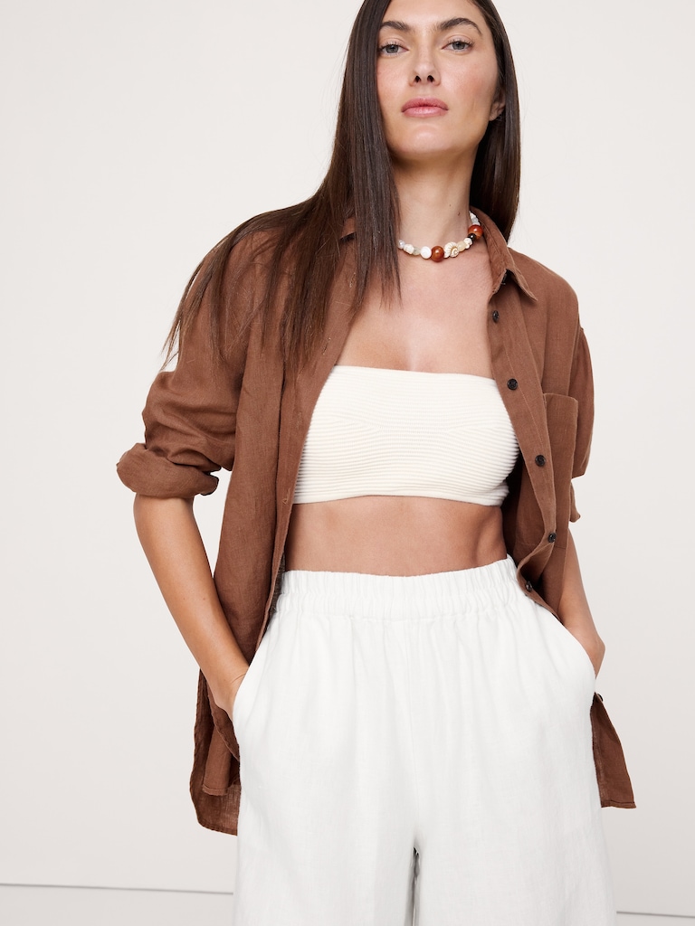 Pantalon à taille haute extensible à jambe large en lin longueur cheville