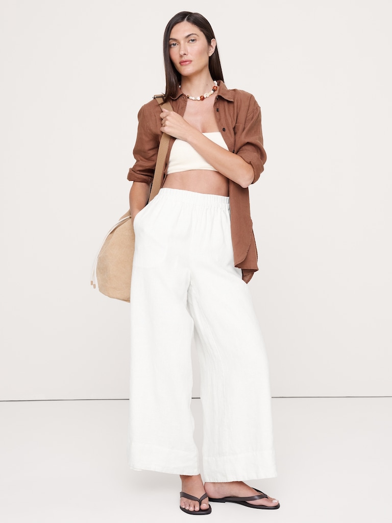 Pantalon à taille haute extensible à jambe large en lin longueur cheville