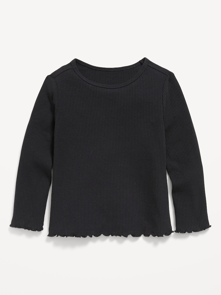 Fitted Long-Sleeve Ribbed Lettuce-Edge T-Shirt for Toddler Girls